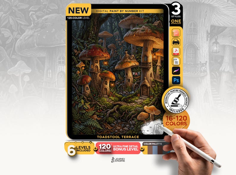 May include: A digital paint by number kit titled Toadstool Terrace featuring a forest scene with mushroom houses. The kit includes 120 colors, 3 styles, and an interactive progress tracker. The artwork displays detailed toadstools in a dark woodland.