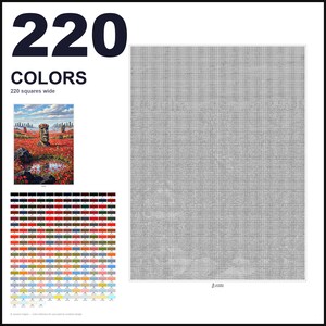 May include: A paint-by-numbers pattern featuring a large grid of 220 colors, a small reference image of Moai statues in a red poppy field, and a large gray-scale grid measuring 220 squares wide, with the text 220 COLORS and 220 squares wide.