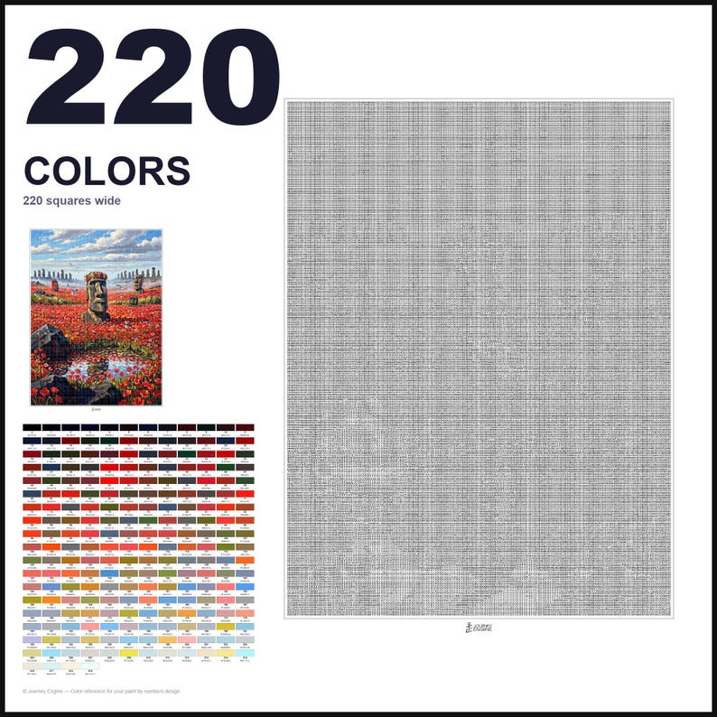 May include: A paint-by-numbers pattern featuring a large grid of 220 colors, a small reference image of Moai statues in a red poppy field, and a large gray-scale grid measuring 220 squares wide, with the text 220 COLORS and 220 squares wide.