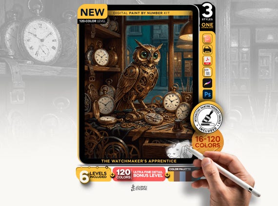 Clockwork Owl paint by numbers digital kit, Steampunk Watchmaker Shop Art