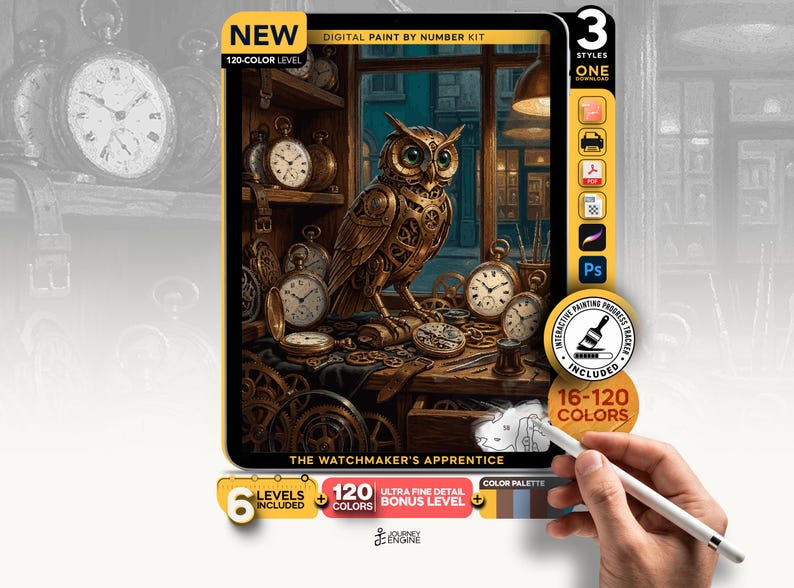 May include: A digital paint by number kit titled The Watchmaker's Apprentice featuring an owl surrounded by antique pocket watches and gears. The kit includes 120 colors, 3 styles, and an interactive progress tracker. The artwork displays a workshop setting with shelves of clocks and a wooden workbench.