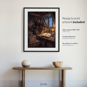 May include: A framed wall art print depicting a dimly lit attic room filled with wooden crates, an open book on a desk, and glowing candles. The text on the right reads: Ready to print artwork included, High-resolution PNG + PDF sized for A3, Scalable SVG poster print up to 60x90 cm, No numbers, no outlines, just the finished art.