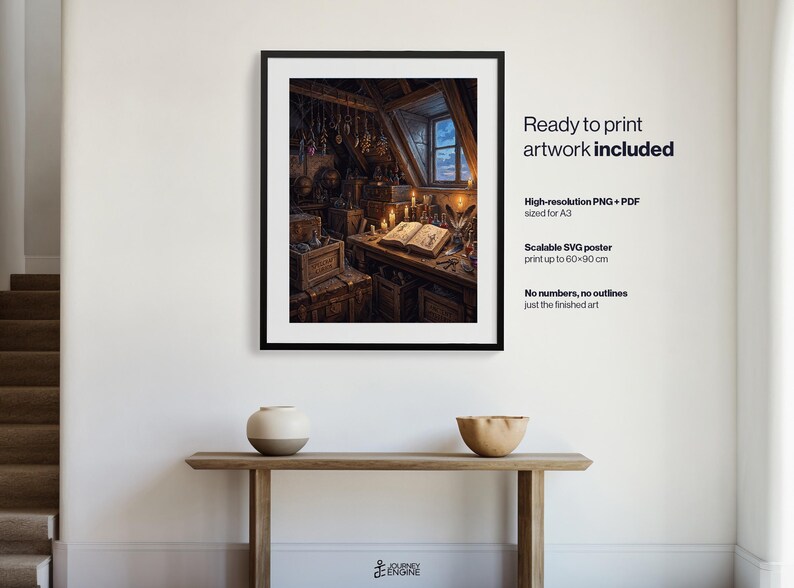 May include: A framed wall art print depicting a dimly lit attic room filled with wooden crates, an open book on a desk, and glowing candles. The text on the right reads: Ready to print artwork included, High-resolution PNG + PDF sized for A3, Scalable SVG poster print up to 60x90 cm, No numbers, no outlines, just the finished art.