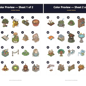 Puede incluir: Una hoja de vista previa de color de dos p&aacute;ginas titulada Color Preview &mdash; Sheet 1 of 2 y Color Preview &mdash; Sheet 2 of 2, que presenta cuarenta ilustraciones isom&eacute;tricas numeradas de naturaleza, animales y objetos acogedores, como una abeja.