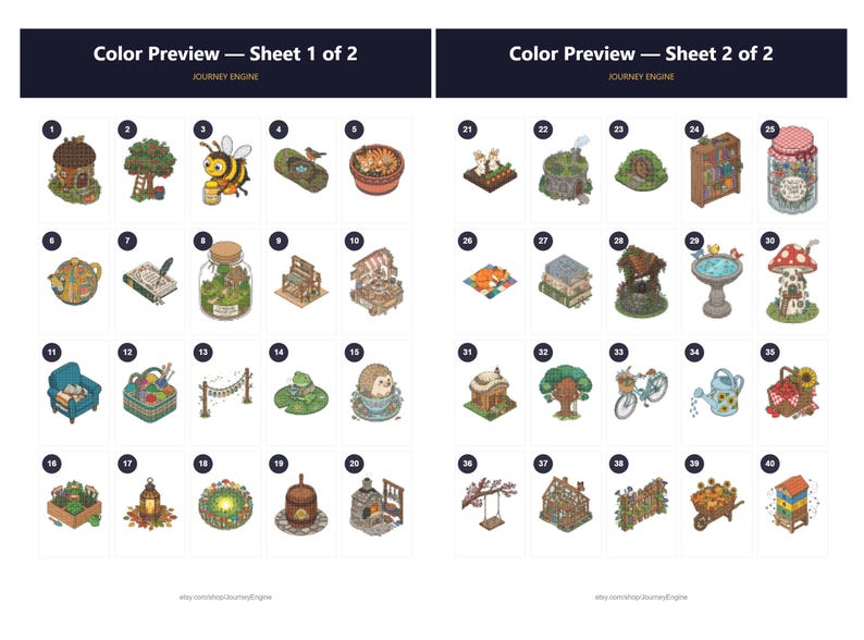 Puede incluir: Una hoja de vista previa de color de dos p&aacute;ginas titulada Color Preview &mdash; Sheet 1 of 2 y Color Preview &mdash; Sheet 2 of 2, que presenta cuarenta ilustraciones isom&eacute;tricas numeradas de naturaleza, animales y objetos acogedores, como una abeja.