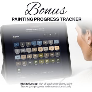 May include: A digital tablet displaying a Painting Progress Tracker app with a dark interface. The screen features a grid of numbered colour swatches ranging from 0 to 32, with text labels including My Painting, 33 colours, and progress statistics.