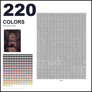 May include: A paint-by-numbers pattern featuring a large grid of 220 colors, a small reference image of a stained glass cathedral window, and a large gray-scale grid labeled 220 squares wide, designed for detailed artistic projects.
