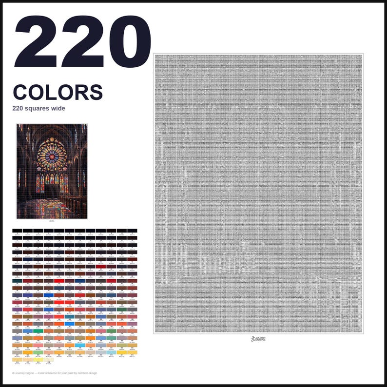 May include: A paint-by-numbers pattern featuring a large grid of 220 colors, a small reference image of a stained glass cathedral window, and a large gray-scale grid labeled 220 squares wide, designed for detailed artistic projects.