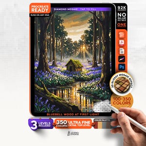 May include: A digital art file titled Bluebell Wood at First Light, featuring a forest scene with a small cabin, purple flowers, and a stream. The interface includes text labels like Procreate Ready, 92K Squares, and 350 Ultra Fine Detail.