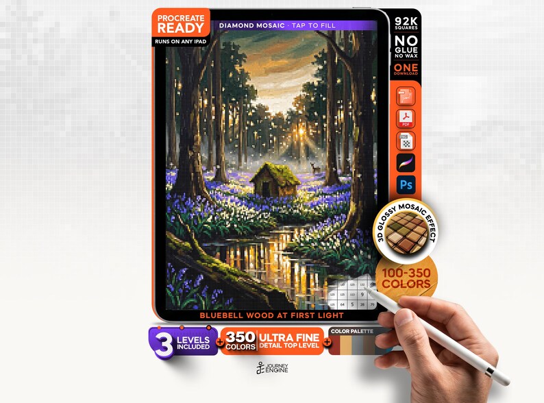 May include: A digital art file titled Bluebell Wood at First Light, featuring a forest scene with a small cabin, purple flowers, and a stream. The interface includes text labels like Procreate Ready, 92K Squares, and 350 Ultra Fine Detail.