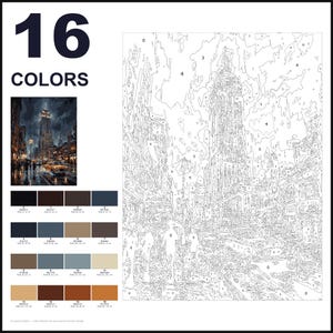 May include: A paint-by-numbers kit featuring a New York City street scene with a skyscraper, taxi, and pedestrians. The layout includes a small colour reference image, a numbered outline template, and a palette of 16 distinct colour swatches with RGB codes.