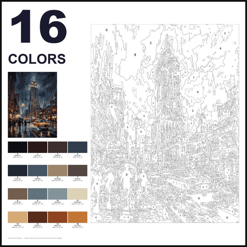 May include: A paint-by-numbers kit featuring a New York City street scene with a skyscraper, taxi, and pedestrians. The layout includes a small colour reference image, a numbered outline template, and a palette of 16 distinct colour swatches with RGB codes.