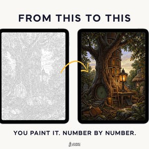 May include: Two tablets displaying a digital paint-by-number activity. The left screen shows a grayscale line drawing of a treehouse library, while the right screen shows the completed, full-color version. Text reads FROM THIS TO THIS and YOU PAINT IT. NUMBER BY NUMBER.