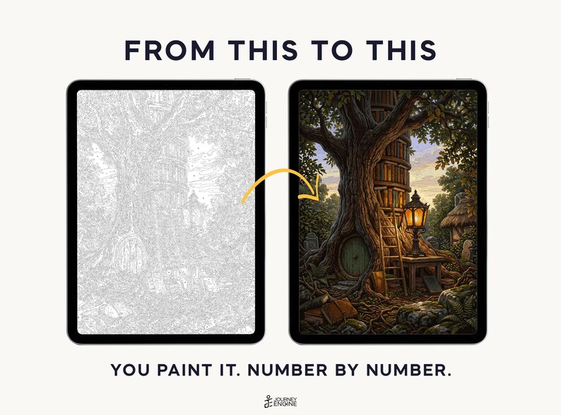 May include: Two tablets displaying a digital paint-by-number activity. The left screen shows a grayscale line drawing of a treehouse library, while the right screen shows the completed, full-color version. Text reads FROM THIS TO THIS and YOU PAINT IT. NUMBER BY NUMBER.