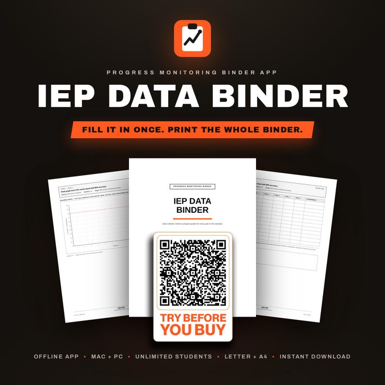 IEP Data Binder progress monitoring app cover showing printed data sheets and a phone with a QR code
