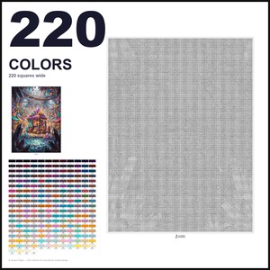 May include: A paint by numbers kit featuring a large grid canvas with 220 colors. The design includes a small reference image of a fantasy marketplace with crystals and a large, blank, light gray gridded area for painting. Text reads 220 COLORS.