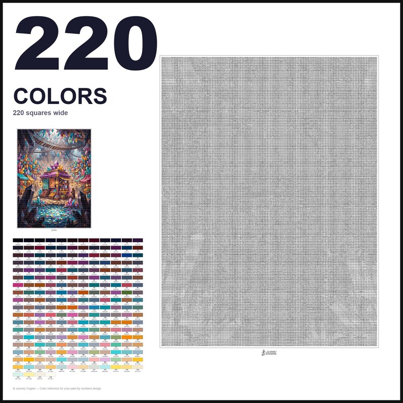 May include: A paint by numbers kit featuring a large grid canvas with 220 colors. The design includes a small reference image of a fantasy marketplace with crystals and a large, blank, light gray gridded area for painting. Text reads 220 COLORS.