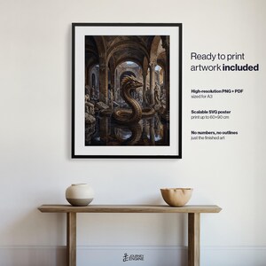 May include: A framed digital art print featuring a large, coiled serpent in a dark, ancient stone hall with arched columns and statues. Text on the right reads: Ready to print artwork included, High-resolution PNG + PDF sized for A3, Scalable SVG poster print up to 60x90 cm, No numbers, no outlines just the finished art.