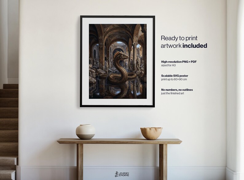 May include: A framed digital art print featuring a large, coiled serpent in a dark, ancient stone hall with arched columns and statues. Text on the right reads: Ready to print artwork included, High-resolution PNG + PDF sized for A3, Scalable SVG poster print up to 60x90 cm, No numbers, no outlines just the finished art.