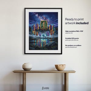 May include: A framed digital art print featuring a vibrant, surreal landscape of floating, colorful stone monoliths under a starry night sky, with a reflection in a body of water below. The artwork includes text detailing file formats and sizes.