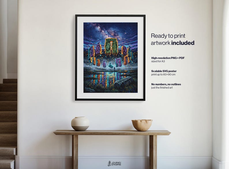 May include: A framed digital art print featuring a vibrant, surreal landscape of floating, colorful stone monoliths under a starry night sky, with a reflection in a body of water below. The artwork includes text detailing file formats and sizes.
