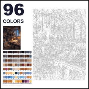 May include: A paint-by-numbers kit featuring a 96-color palette and a detailed line art illustration of an attic study. The scene includes a desk with an open book, wooden beams, and hanging lanterns, accompanied by a small color reference image.