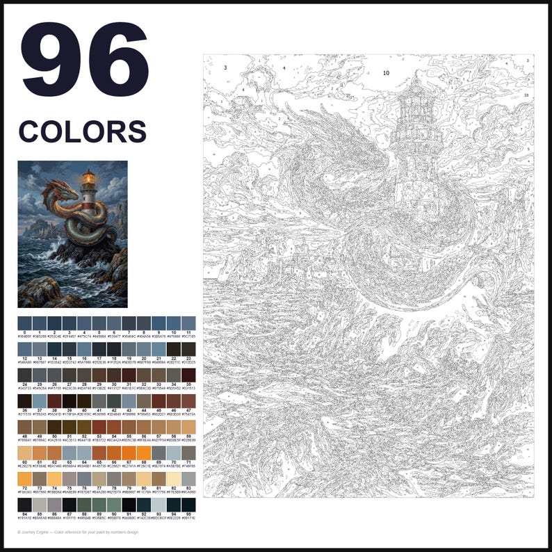 May include: A paint-by-numbers kit featuring 96 colors and a line art template of a dragon coiled around a lighthouse on a rocky shore. A small color reference image shows the finished scene with a stormy sea, dark clouds, and a glowing light.