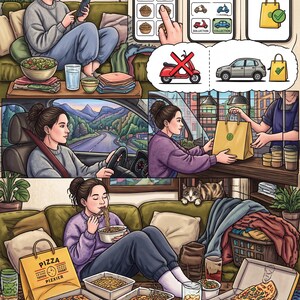 May include: A multi-panel illustration showing a person ordering food on a smartphone, driving a car, and eating takeout. The scene includes pizza boxes labeled PIZZA, various food containers, a cat, and digital icons depicting delivery options.