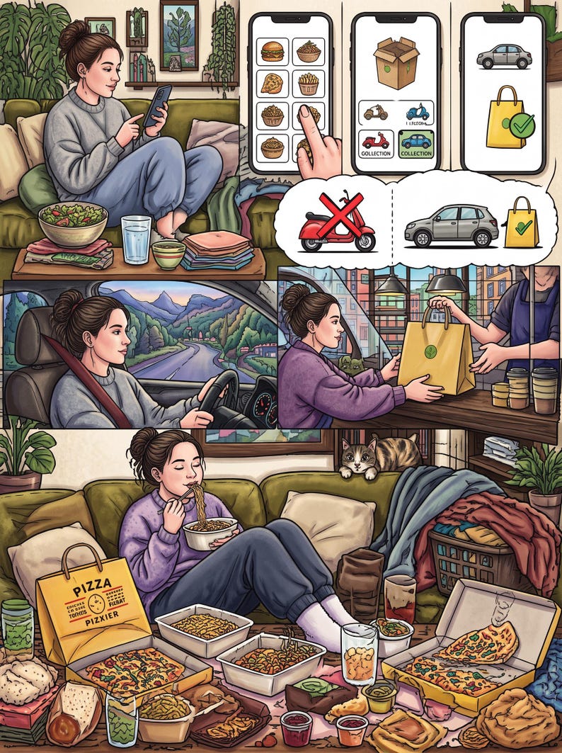 May include: A multi-panel illustration showing a person ordering food on a smartphone, driving a car, and eating takeout. The scene includes pizza boxes labeled PIZZA, various food containers, a cat, and digital icons depicting delivery options.
