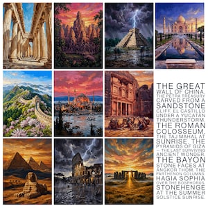 K&ouml;nnte beinhalten: Eine Sammlung von zw&ouml;lf Kunstdrucken, die weltweite Wahrzeichen wie den Parthenon, Angkor Wat, El Castillo, das Taj Mahal, die Chinesische Mauer, die Hagia Sophia, Petra, die Pyramiden von Gizeh, das Kolosseum und Stonehenge mit Text zeigen.