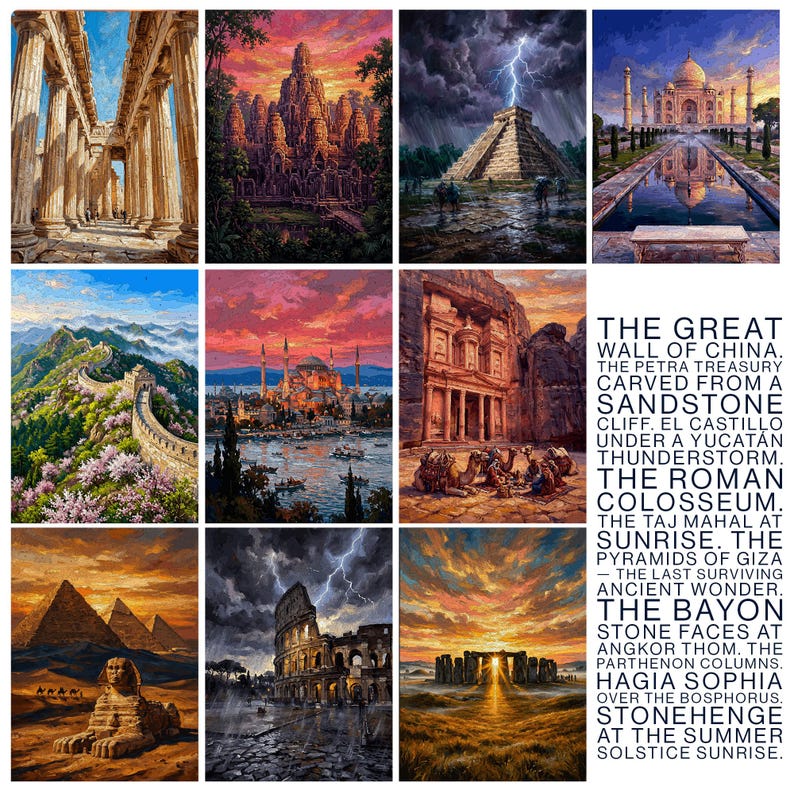 K&ouml;nnte beinhalten: Eine Sammlung von zw&ouml;lf Kunstdrucken, die weltweite Wahrzeichen wie den Parthenon, Angkor Wat, El Castillo, das Taj Mahal, die Chinesische Mauer, die Hagia Sophia, Petra, die Pyramiden von Gizeh, das Kolosseum und Stonehenge mit Text zeigen.