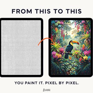 May include: Two tablets displaying a digital paint-by-number activity. The left screen shows a grid of numbers, while the right screen shows a colorful toucan in a tropical jungle. Text reads FROM THIS TO THIS and YOU PAINT IT. PIXEL BY PIXEL.