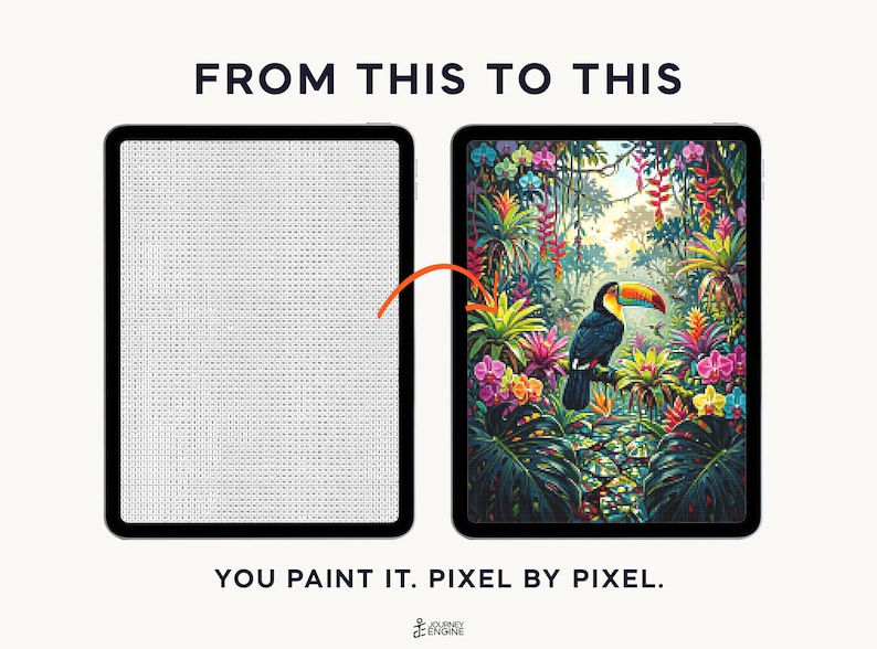 May include: Two tablets displaying a digital paint-by-number activity. The left screen shows a grid of numbers, while the right screen shows a colorful toucan in a tropical jungle. Text reads FROM THIS TO THIS and YOU PAINT IT. PIXEL BY PIXEL.