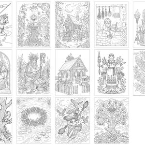 May include: A collection of fifteen black and white line art illustrations featuring folklore-inspired scenes, including a knight on horseback, a cabin on chicken legs, a seated king, a spinning wheel, a merman, a witch on a barrel, and a large tree.