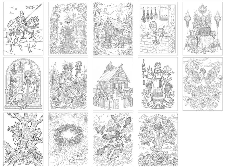May include: A collection of fifteen black and white line art illustrations featuring folklore-inspired scenes, including a knight on horseback, a cabin on chicken legs, a seated king, a spinning wheel, a merman, a witch on a barrel, and a large tree.