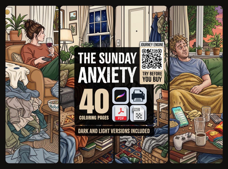 Peut inclure: Un livre de coloriage num&eacute;rique intitul&eacute; The Sunday Anxiety comprenant 40 pages &agrave; colorier en versions sombre et claire. La couverture pr&eacute;sente deux sc&egrave;nes de salon avec des personnes se relaxant, encombr&eacute;es de linge, de collations et d'appareils &eacute;lectroniques.