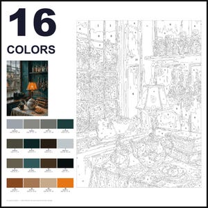May include: A paint-by-numbers kit featuring a 16-color palette and a numbered outline of a cozy interior scene. The design includes a window, a lamp, a teapot, and a cat, with a small color reference image showing the final completed artwork.