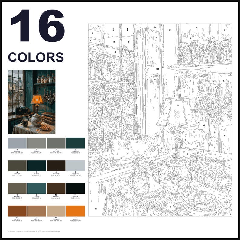 May include: A paint-by-numbers kit featuring a 16-color palette and a numbered outline of a cozy interior scene. The design includes a window, a lamp, a teapot, and a cat, with a small color reference image showing the final completed artwork.