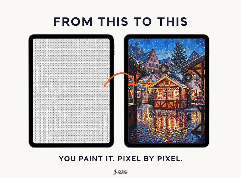 May include: Two tablets displaying a digital paint-by-number activity. The left screen shows a grid of letters and numbers, while the right screen shows a colorful, detailed winter market scene. Text reads: FROM THIS TO THIS. YOU PAINT IT. PIXEL BY PIXEL.