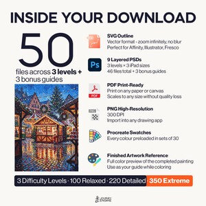May include: A digital download package containing 50 files across 3 levels and 3 bonus guides. Includes SVG outlines, 9 layered PSDs, PDF print-ready files, high-resolution PNGs, Procreate swatches, and a finished artwork reference of a Christmas market.