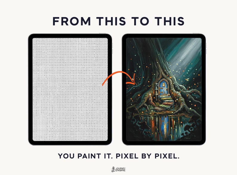 May include: Two tablets displaying a digital paint-by-number activity. The left screen shows a grid of letters, while the right screen shows a finished painting of a blue door in a tree trunk. Text reads FROM THIS TO THIS and YOU PAINT IT. PIXEL BY PIXEL.