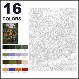 May include: A paint-by-number kit featuring a snail with a small house on its shell in a forest setting. The kit includes a numbered outline template, a small color reference image, and a palette of 16 distinct color swatches with RGB codes.