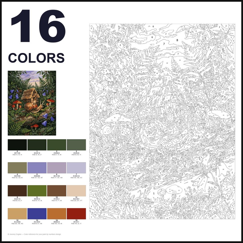May include: A paint-by-number kit featuring a snail with a small house on its shell in a forest setting. The kit includes a numbered outline template, a small color reference image, and a palette of 16 distinct color swatches with RGB codes.