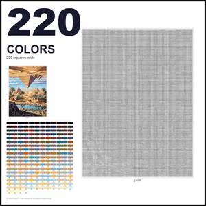 May include: A paint-by-numbers pattern featuring a large gray grid, a small color reference image of pyramids in a desert, and a chart of 220 numbered color swatches. The text 220 COLORS and 220 squares wide is printed in black at the top left.