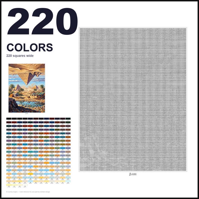 May include: A paint-by-numbers pattern featuring a large gray grid, a small color reference image of pyramids in a desert, and a chart of 220 numbered color swatches. The text 220 COLORS and 220 squares wide is printed in black at the top left.