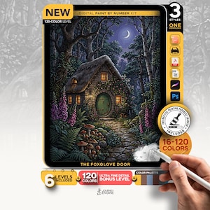 May include: A digital paint by number kit titled The Foxglove Door featuring a stone cottage with a green door in a forest at night under a crescent moon. The kit includes 120 colors, 6 levels, 3 styles, and an interactive painting progress tracker.