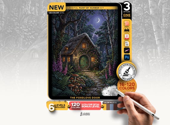 Fairy Cottage paint by numbers digital kit, Cottagecore Moonlit Garden Art