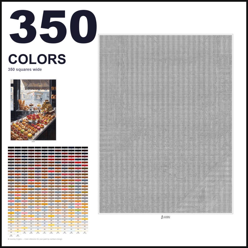 May include: A paint-by-numbers pattern featuring a bakery display with pastries and bread. The design includes a 350-color palette guide, a grid labeled 350 squares wide, and a large gray-scale template with numbered sections for painting.