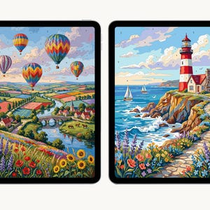 Pu&ograve; includere: Due tablet digitali che mostrano colorate illustrazioni paesaggistiche. Lo schermo sinistro mostra mongolfiere sopra una valle fluviale fiorita. Lo schermo destro raffigura un faro rosso e bianco su una scogliera che si affaccia sul mare.