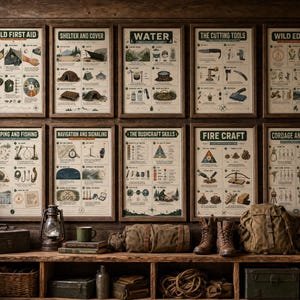 K&ouml;nnte beinhalten: Zehn gerahmte Lehrplakate an einer Wand, die detaillierte Illustrationen und Texte zu &Uuml;berlebensfertigkeiten zeigen, darunter Erste Hilfe, Unterk&uuml;nfte, Wasser, Schneidewerkzeuge, essbare Wildpflanzen, Fallenstellen, Navigation und Knoten.